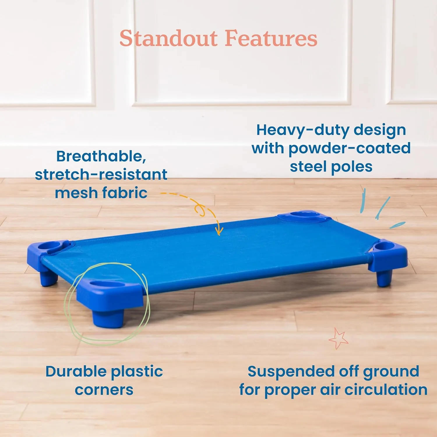 ECR4Kids Stackable Kiddie Cot, Ready-To-Assemble, Toddler Size, Classroom Furniture, Blue, 6-Pack