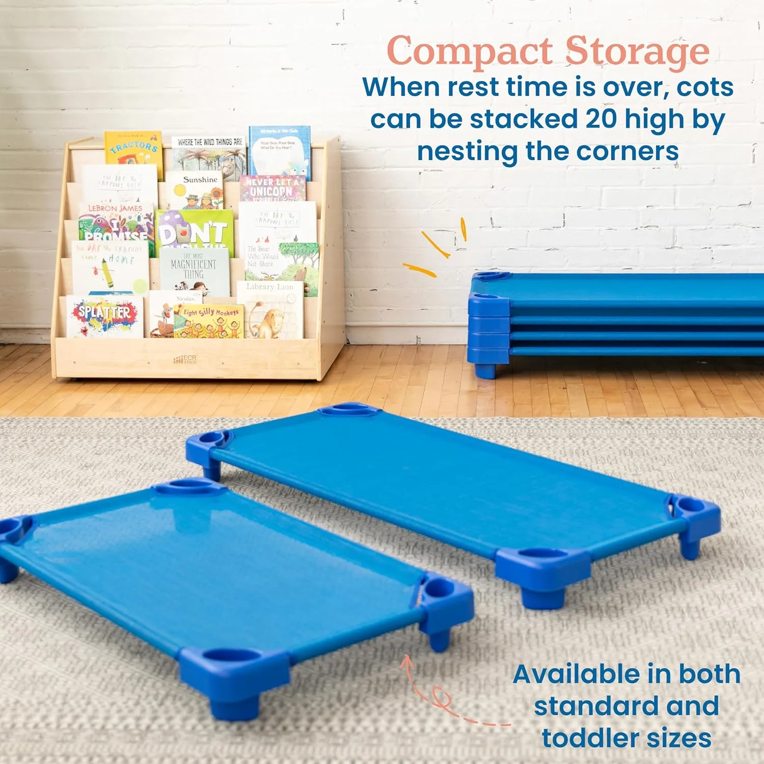 ECR4Kids Stackable Kiddie Cot, Ready-To-Assemble, Toddler Size, Classroom Furniture, Blue, 6-Pack