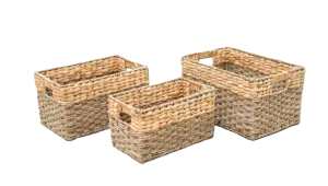 Eden Grace - Set of 3 Rectangular Water Hyacinth Mix Seagrass Baskets with Iron Frame and Hole Handles - Rice Nut Weave, Natural Color