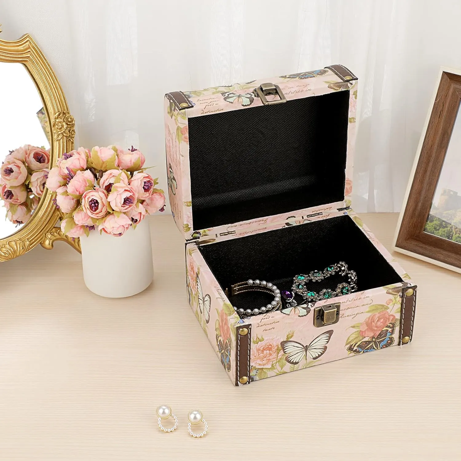 ELLDOO Butterfly Treasure Chest Box, Wooden   PU Leather Storage Decorative Box for Jewelry Trinkets, Keepsakes box for Girls Women Gifts