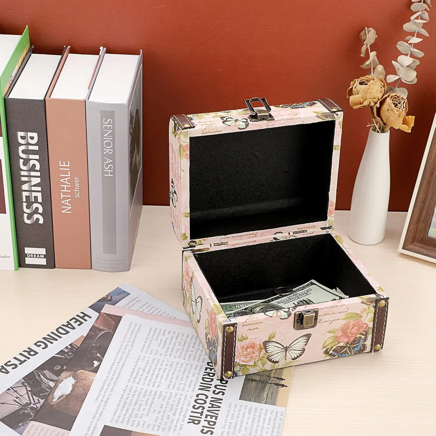 ELLDOO Butterfly Treasure Chest Box, Wooden   PU Leather Storage Decorative Box for Jewelry Trinkets, Keepsakes box for Girls Women Gifts