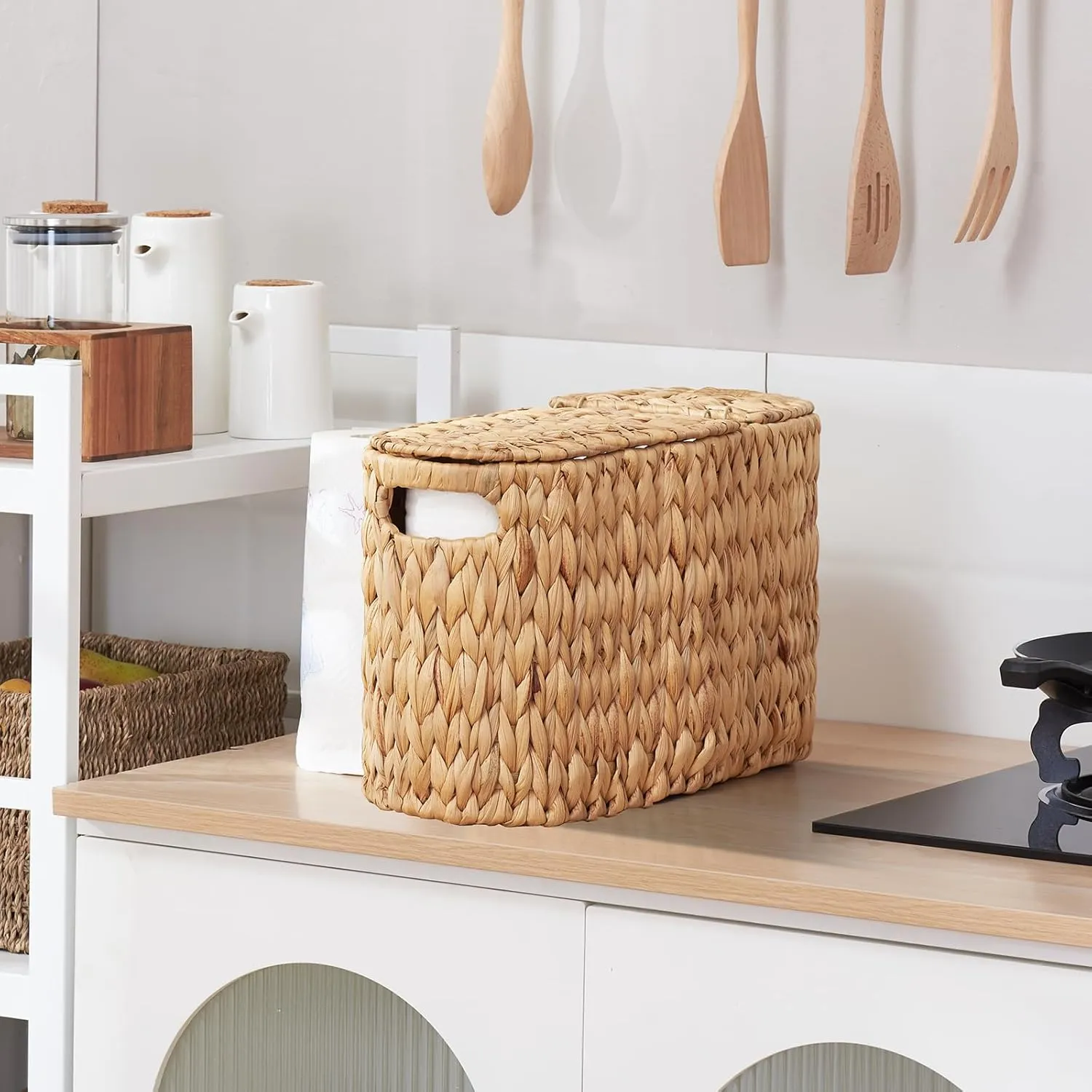 ELONG HOME Toilet Paper Basket with Lid for 6 Rolls, Water Hyacinth Wicker Toilet Paper Storage Holder, Toilet Paper Storage for Bathroom