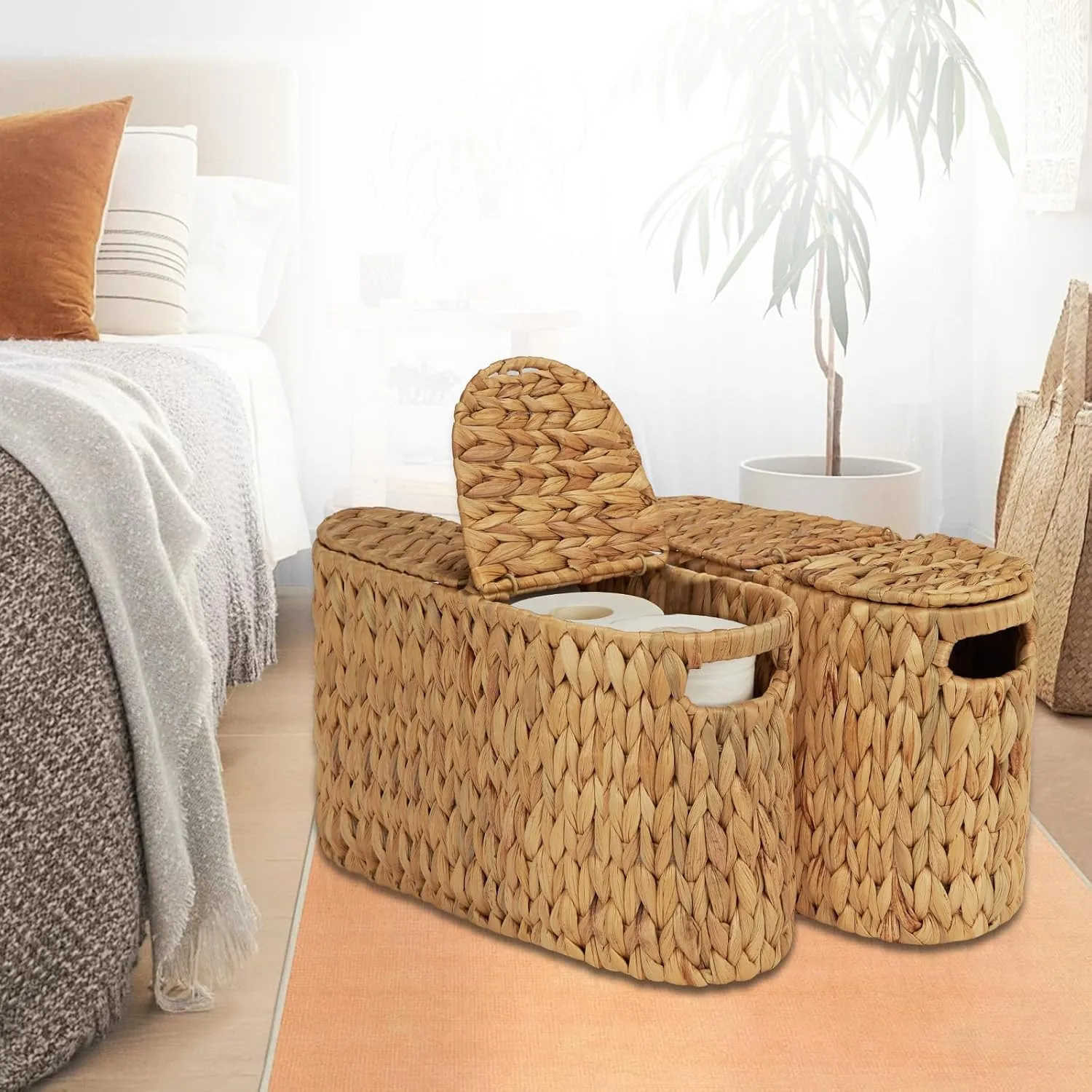 ELONG HOME Toilet Paper Basket with Lid for 6 Rolls, Water Hyacinth Wicker Toilet Paper Storage Holder, Toilet Paper Storage for Bathroom