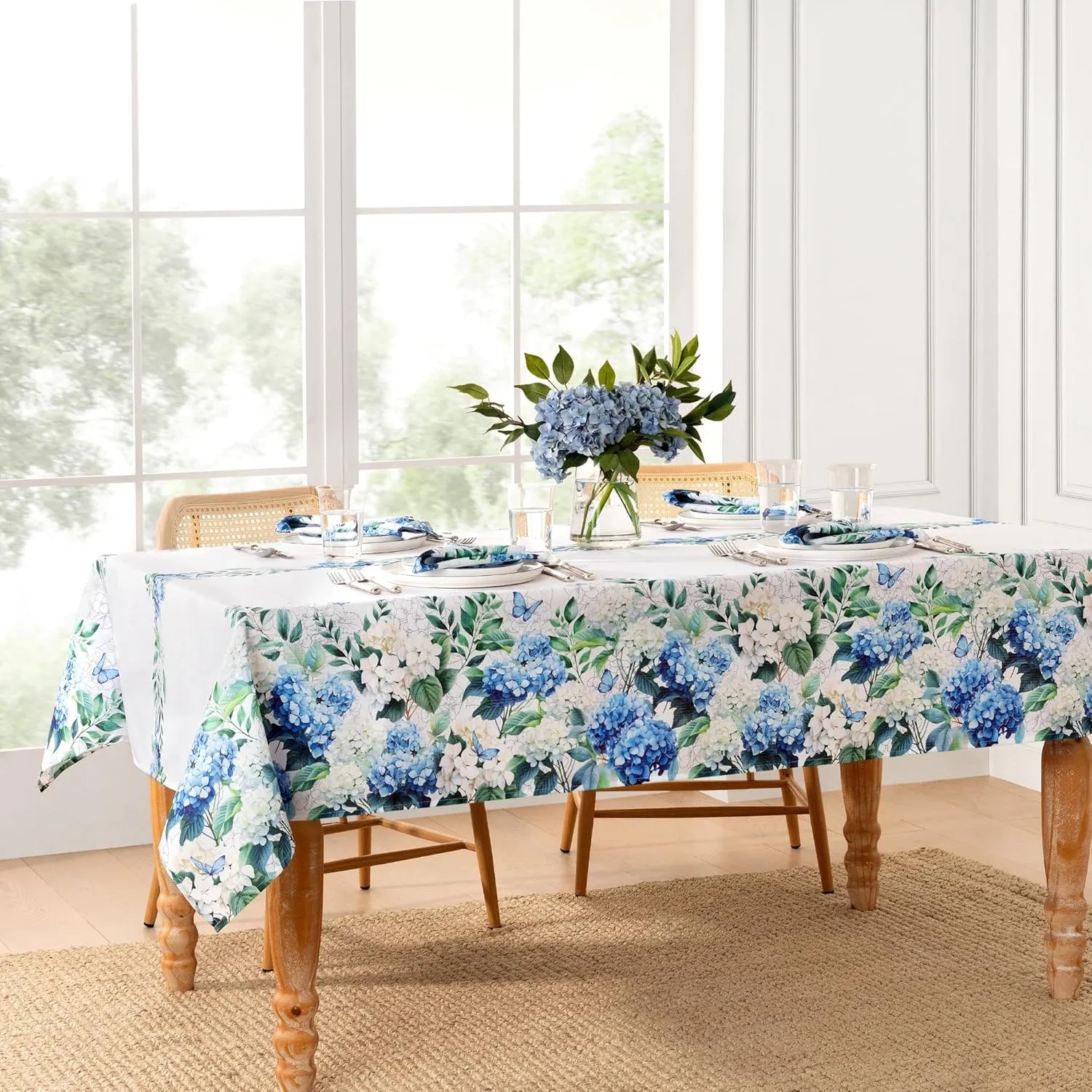 Elrene Home Fashions Hydrangea Bloom Floral Butterfly Double Border Spring/Summer Wrinkle Resistant Dining Tablecloth, 60"x120" Rectangle