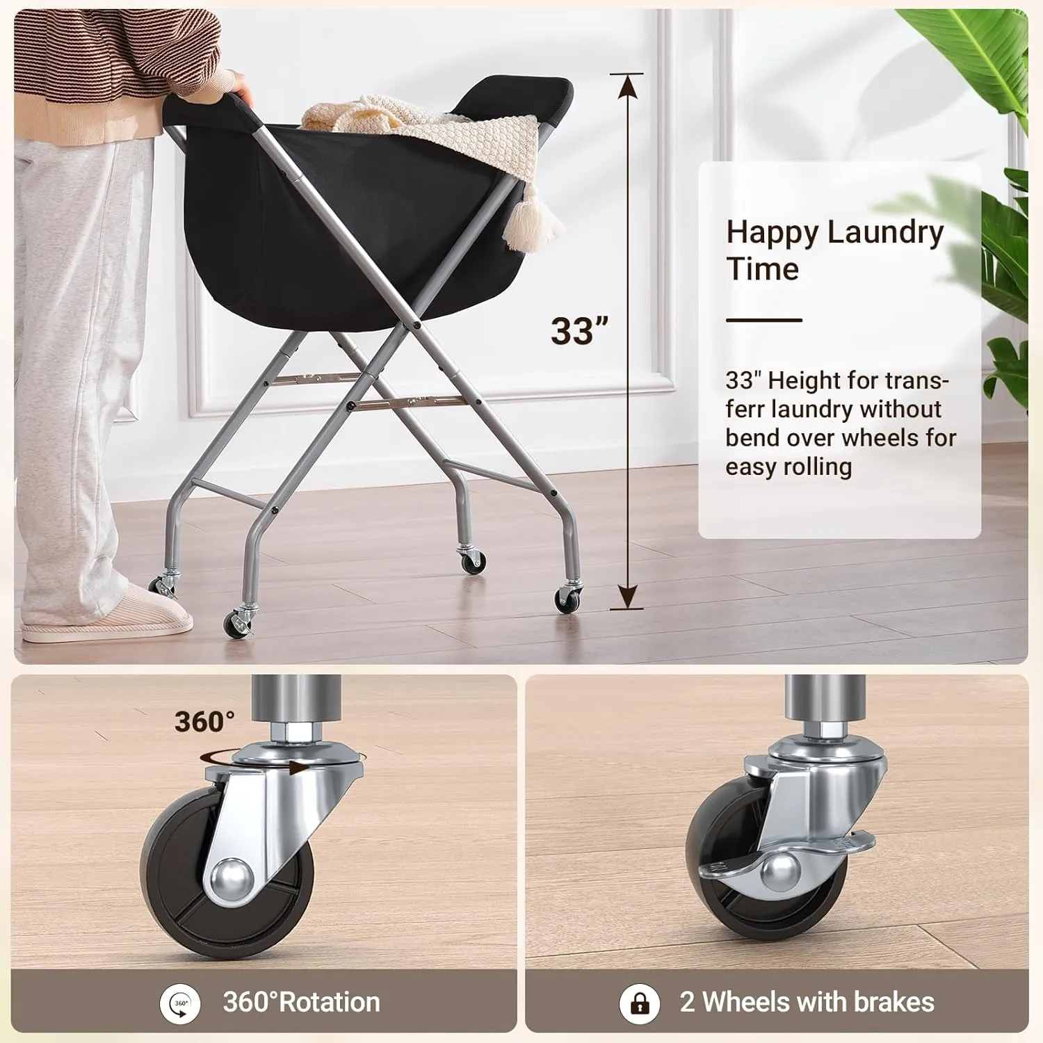 ELYKEN Laundry Cart with Wheels, 33”H Easy Rolling Laundry Hamper with Removable Liner Bag, Sturdy Metal Frame Clothes Basket with 4 Casters and 2 Brakes