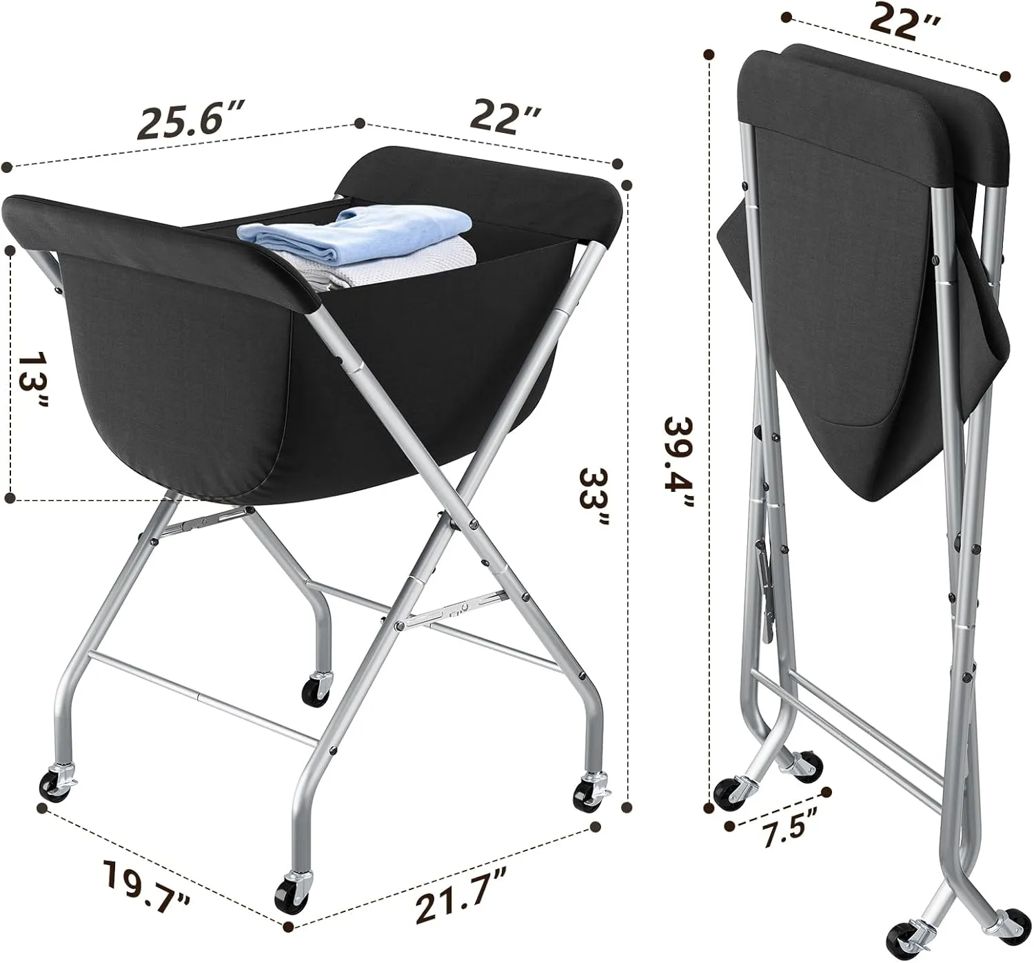 ELYKEN Laundry Cart with Wheels, 33”H Easy Rolling Laundry Hamper with Removable Liner Bag, Sturdy Metal Frame Clothes Basket with 4 Casters and 2 Brakes