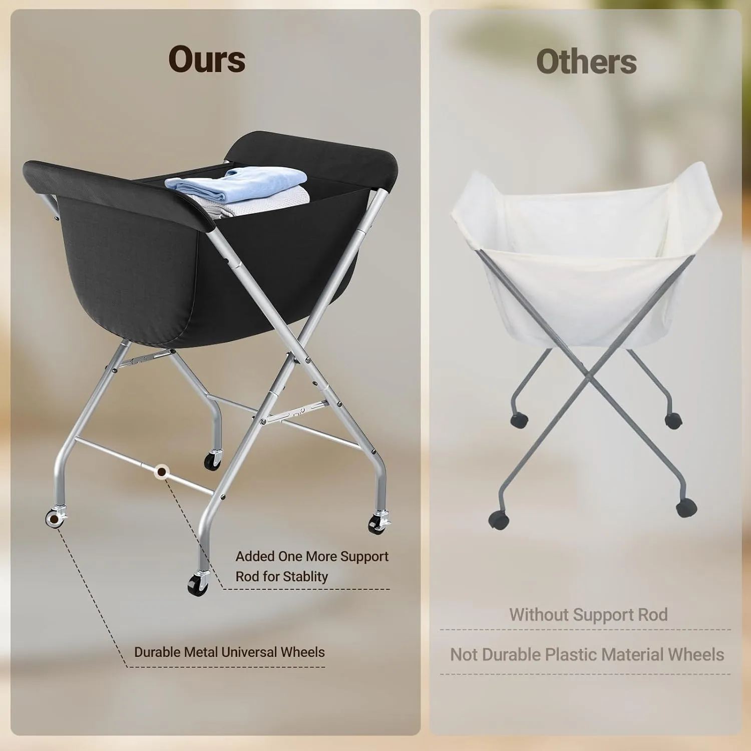 ELYKEN Laundry Cart with Wheels, 33”H Easy Rolling Laundry Hamper with Removable Liner Bag, Sturdy Metal Frame Clothes Basket with 4 Casters and 2 Brakes