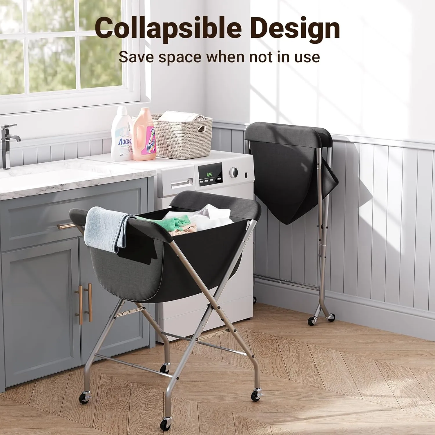 ELYKEN Laundry Cart with Wheels, 33”H Easy Rolling Laundry Hamper with Removable Liner Bag, Sturdy Metal Frame Clothes Basket with 4 Casters and 2 Brakes