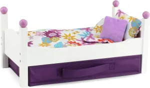 Emily Rose 14 Inch Doll Furniture Classic White Single Stackable Bed, Includes 4-PC Colorful Bedding Set and Purple 14" Doll Clothes Storage Drawer | USA Business