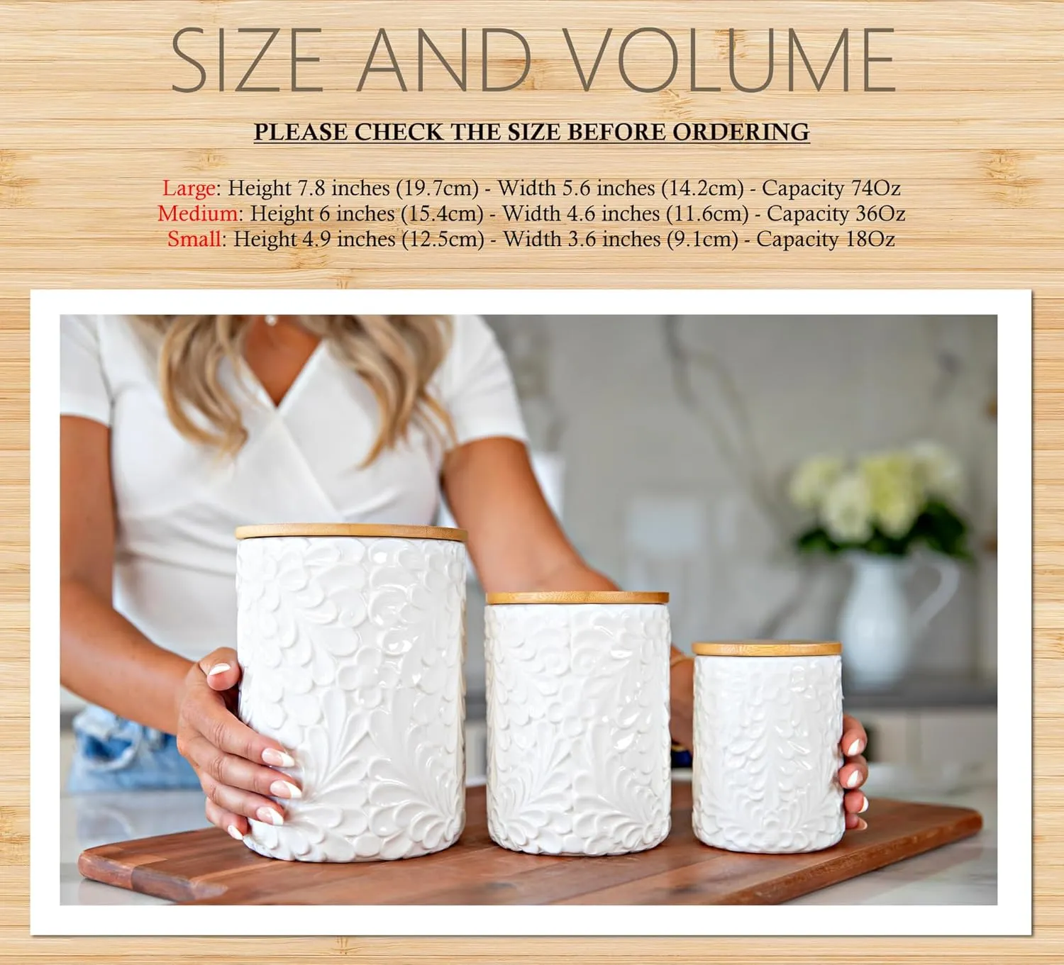Engraved Design Kitchen Canisters Set of 3 with 74 Oz, 36 Oz, and 18 Oz - White Storage Jars for Countertop with Airtight Bamboo Lids - Large Flour Tea Coffee Sugar Spices Container - Decorative