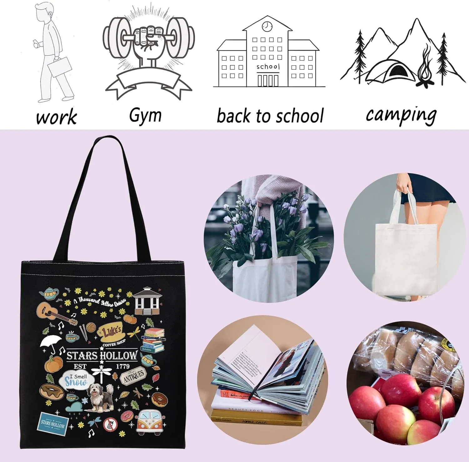 ENSIANTH Stars Hollow Inspired Tote Bag TV Show Merch Dragonfly Inn Shopping Bag Lorelei Rory Fans Gift Lukes Diner Gift