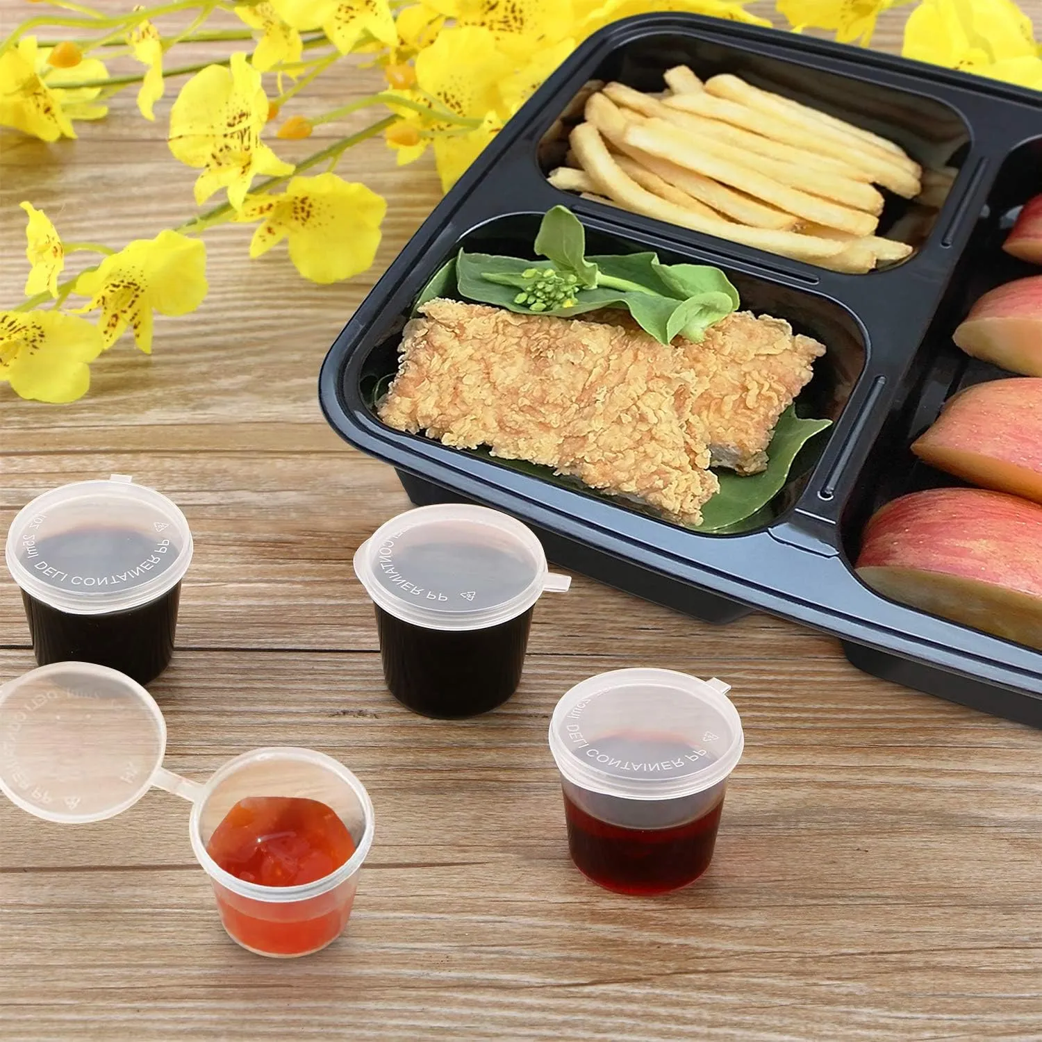 Enther Meal Prep Containers [20 Pack] 36oz 3 Compartment with Lids, Food Storage Bento Box with Souffle Cups BPA Free/Reusable/Stackable, Microwave/Freezer/Dishwasher Safe, Portion Control Black