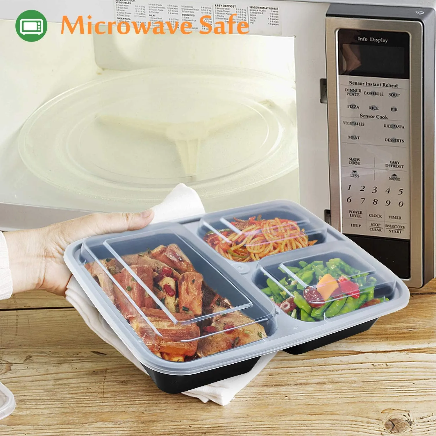 Enther Meal Prep Containers [20 Pack] 36oz 3 Compartment with Lids, Food Storage Bento Box with Souffle Cups BPA Free/Reusable/Stackable, Microwave/Freezer/Dishwasher Safe, Portion Control Black