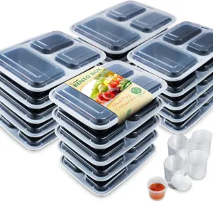 Enther Meal Prep Containers [20 Pack] 36oz 3 Compartment with Lids, Food Storage Bento Box with Souffle Cups BPA Free/Reusable/Stackable, Microwave/Freezer/Dishwasher Safe, Portion Control Black