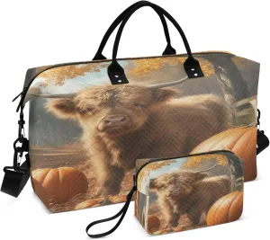 Exnundod Women Weekender Bags Highland Cow with Pumpkins Travel Duffel Bags Carry On Overnight Bag Maple Tree Large Hospital Tote Luggage