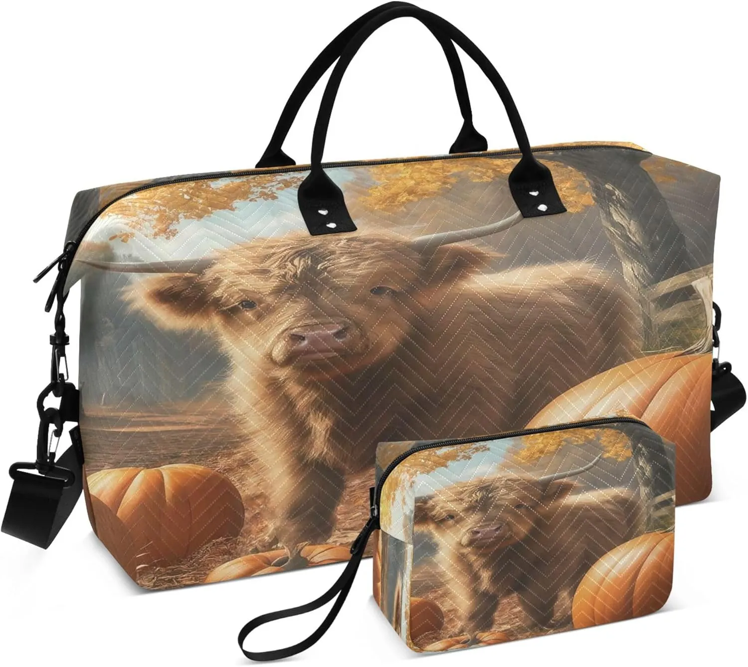 Exnundod Women Weekender Bags Highland Cow with Pumpkins Travel Duffel Bags Carry On Overnight Bag Maple Tree Large Hospital Tote Luggage
