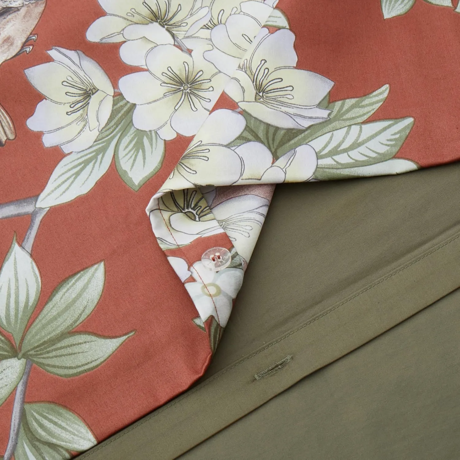 Exotic Modern Floral Print Bedding Birds Flowers Dusty Grey Design 100% Cotton Duvet Cover 3pc Set Hibiscus Blossom Branches in Muted Gray Blue (Queen, Dusty Cedar)