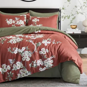 Exotic Modern Floral Print Bedding Birds Flowers Dusty Grey Design 100% Cotton Duvet Cover 3pc Set Hibiscus Blossom Branches in Muted Gray Blue (Queen, Dusty Cedar)