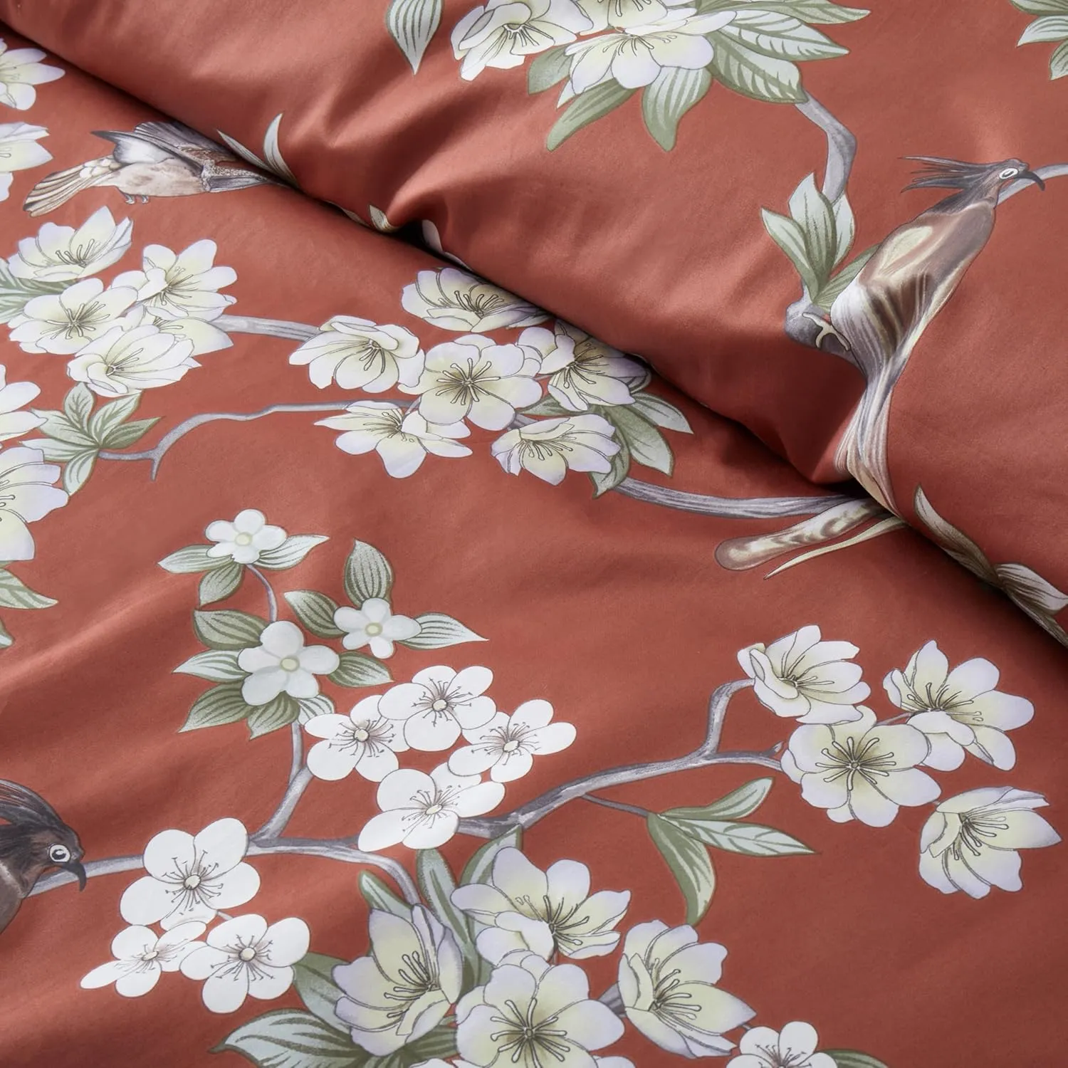 Exotic Modern Floral Print Bedding Birds Flowers Dusty Grey Design 100% Cotton Duvet Cover 3pc Set Hibiscus Blossom Branches in Muted Gray Blue (Queen, Dusty Cedar)