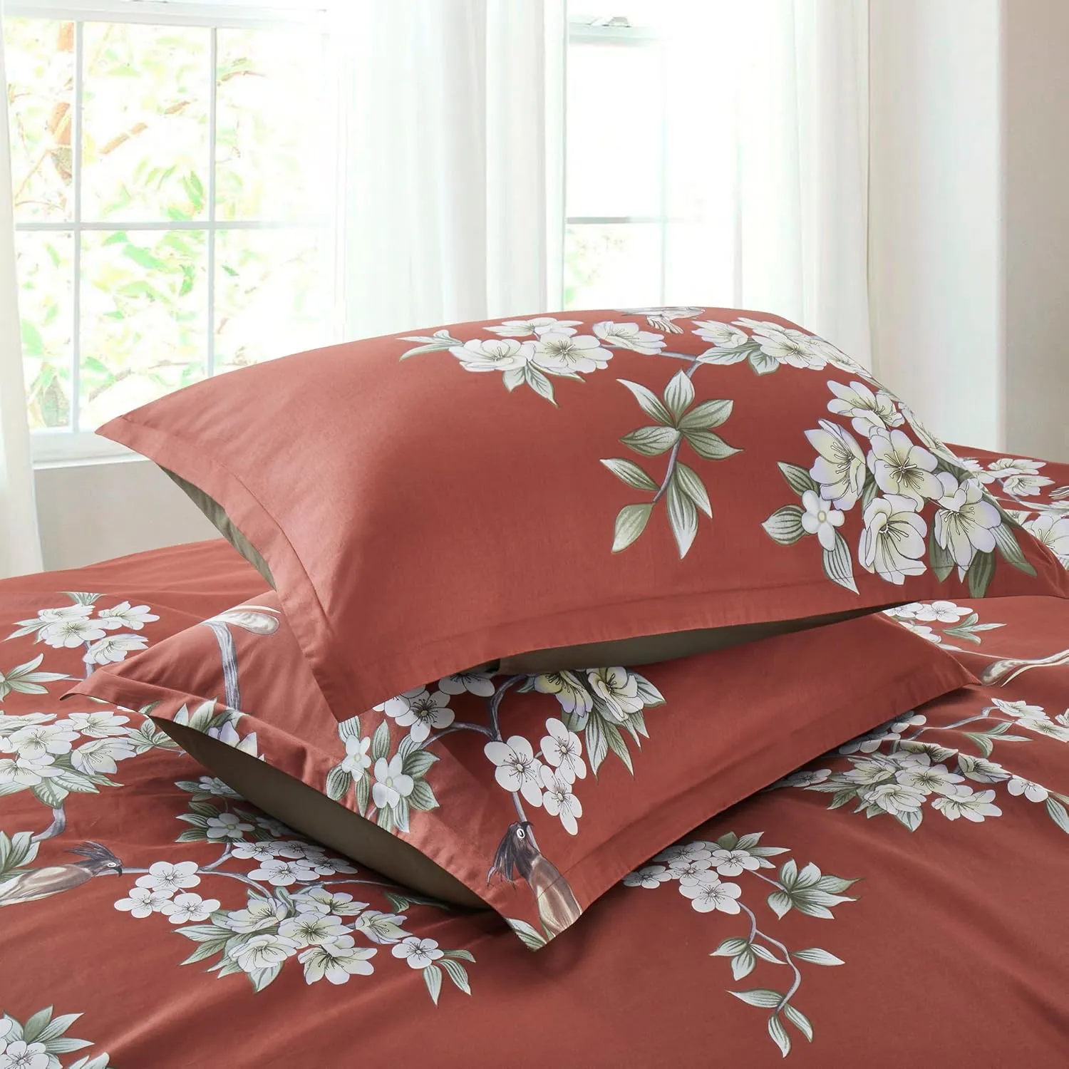 Exotic Modern Floral Print Bedding Birds Flowers Dusty Grey Design 100% Cotton Duvet Cover 3pc Set Hibiscus Blossom Branches in Muted Gray Blue (Queen, Dusty Cedar)