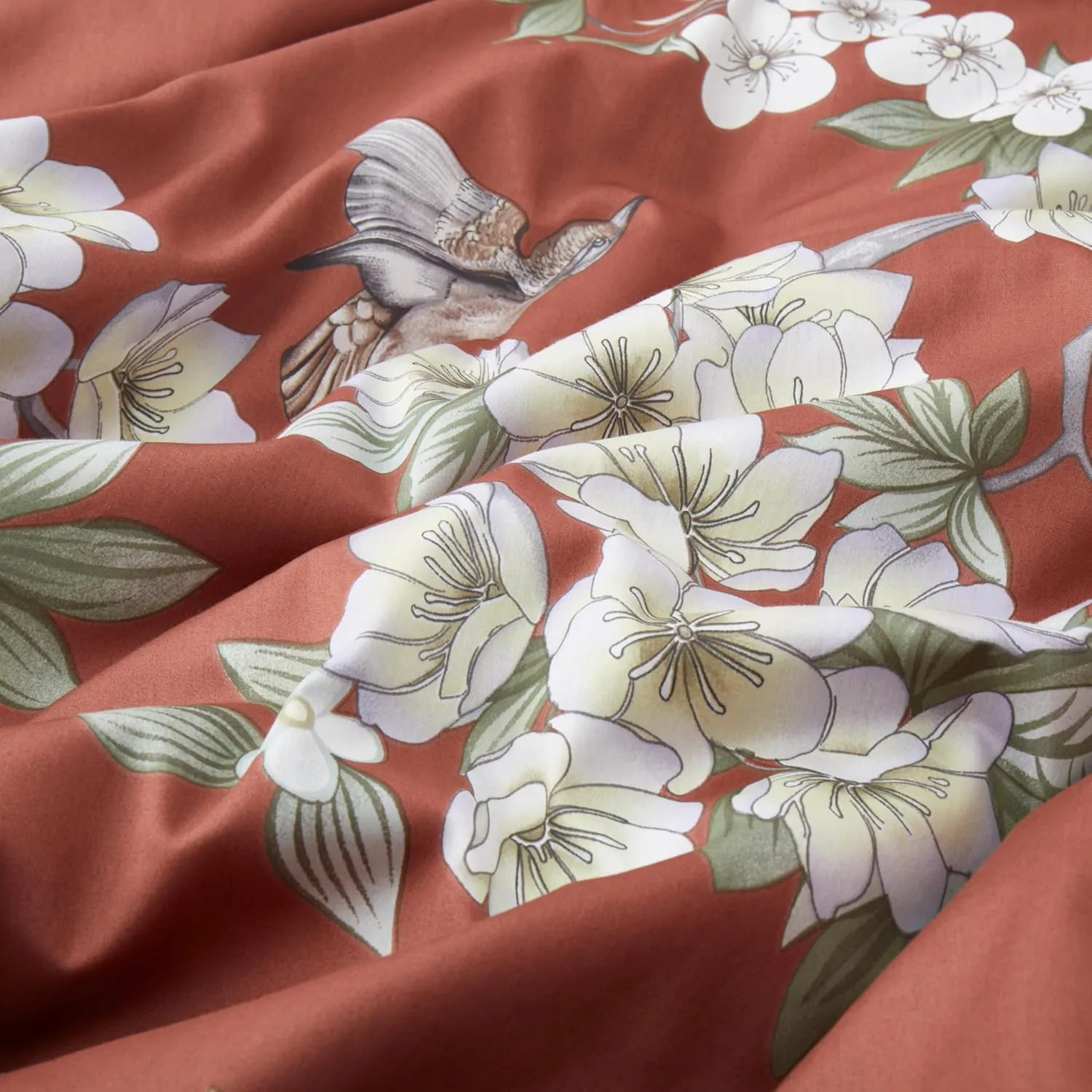 Exotic Modern Floral Print Bedding Birds Flowers Dusty Grey Design 100% Cotton Duvet Cover 3pc Set Hibiscus Blossom Branches in Muted Gray Blue (Queen, Dusty Cedar)