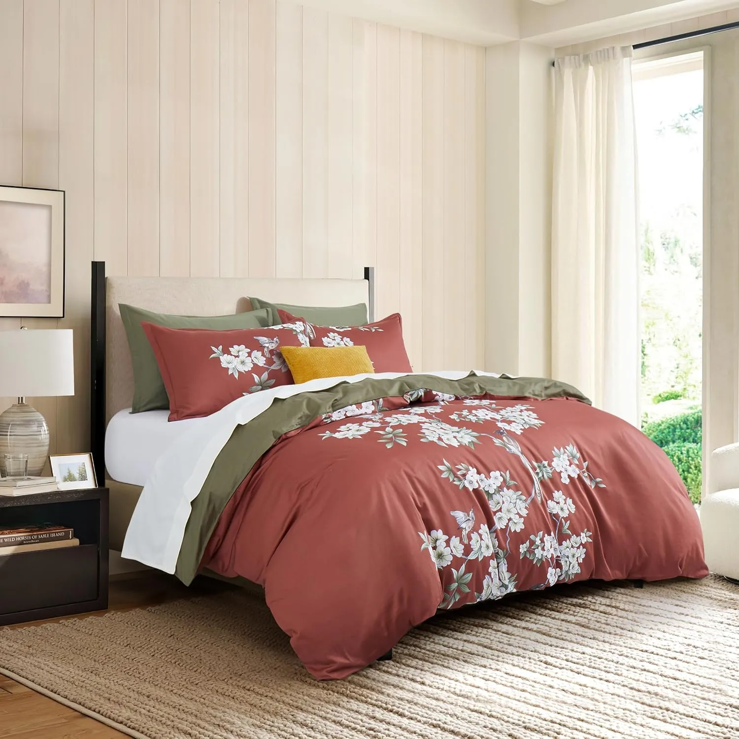 Exotic Modern Floral Print Bedding Birds Flowers Dusty Grey Design 100% Cotton Duvet Cover 3pc Set Hibiscus Blossom Branches in Muted Gray Blue (Queen, Dusty Cedar)