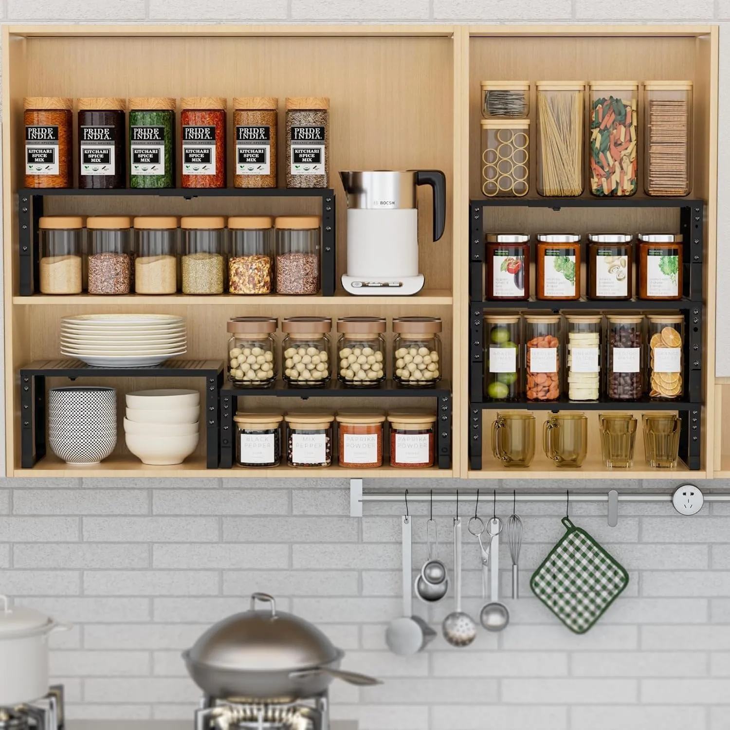 Expandable Spice Rack Kitchen Cabinet Shelf Organizer, Stackable Storage Shelves Racks, Adjustable Counter Shelving for Cabinets, Countertop, Cupboard,Pantry and More(3Packs/Black/Medium)