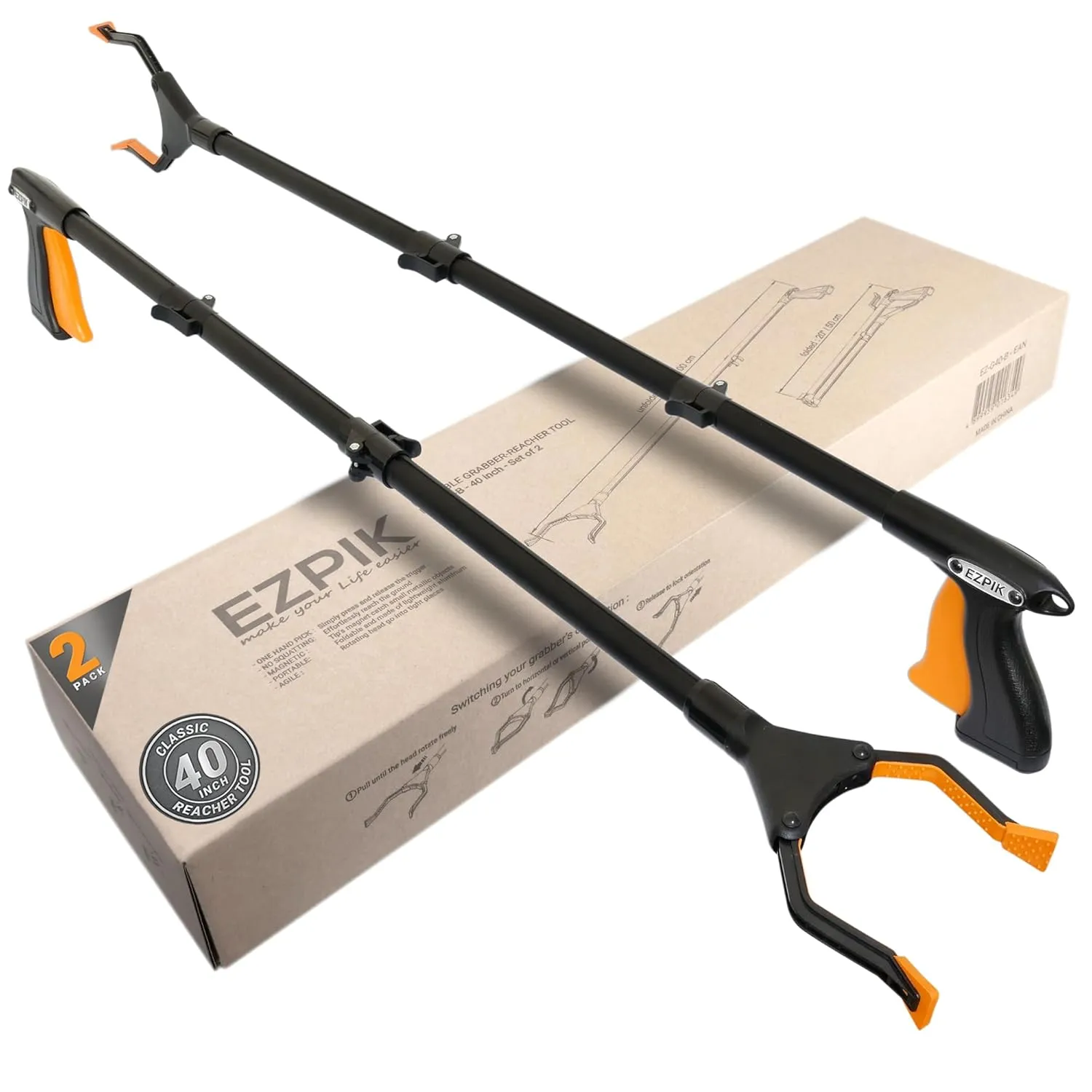 EZPIK Classic 40" Flexible Folding Grabber Tool for Elderly   Magnets, Reacher for Disabled & Seniors Heavy Duty Rotating Grippers for Reaching Underneath, Trash Grabbers & Pickers for Mobility 2-Pack