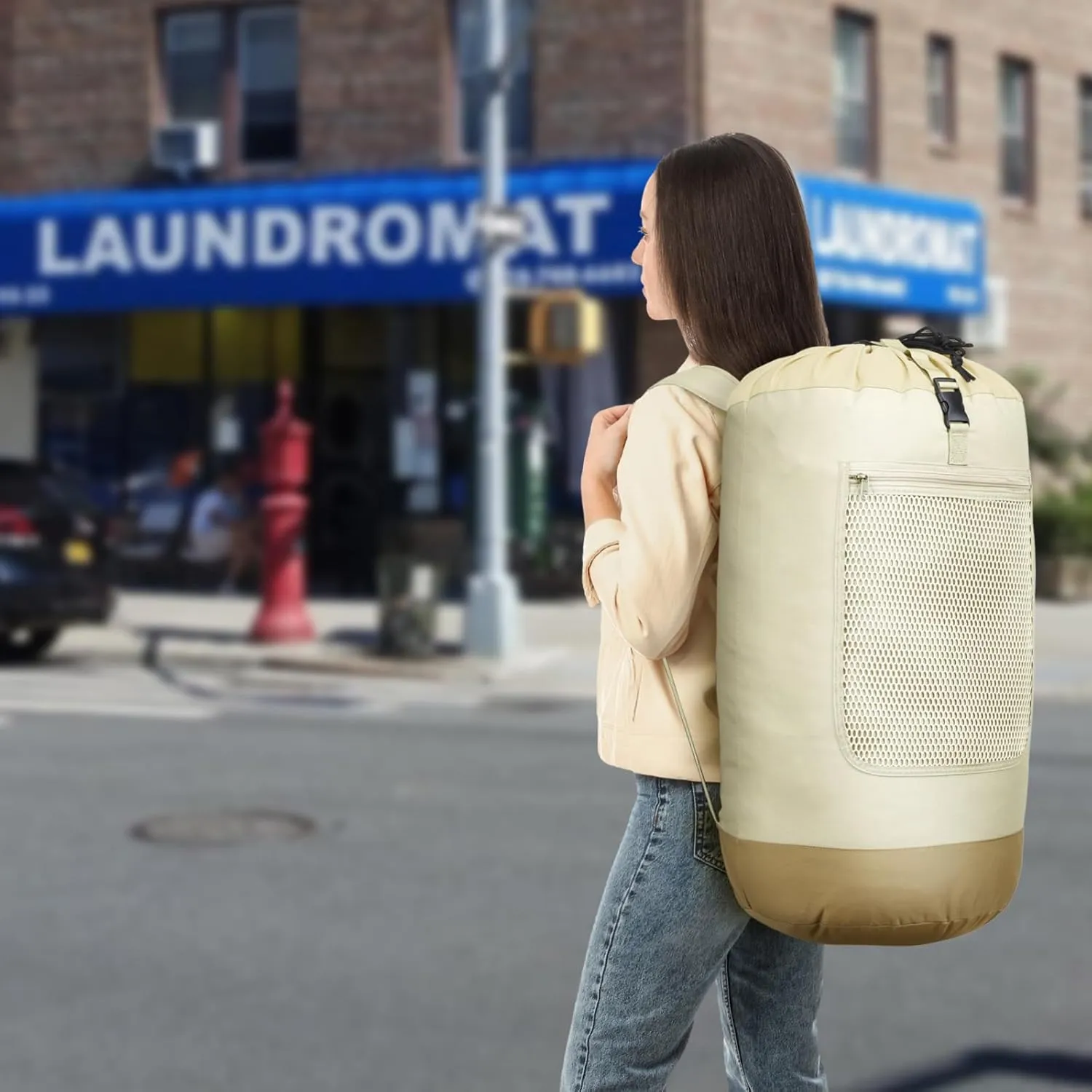 F-color Laundry Backpack 75L - Large Capacity Laundry Bag Backpack with Comfort Straps, Mesh and Zip Pocket, Sturdy Bag for Dorm, Travel, Laundromat, Apartment, Khaki