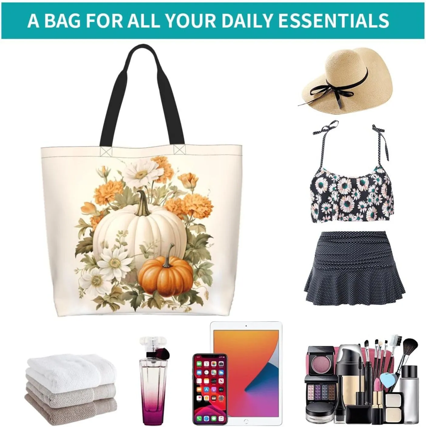 Fall Large Tote Bag Maple Leaf Pumpkin Thanksgiving Day Reusable Shoulder Tote Travel Bags