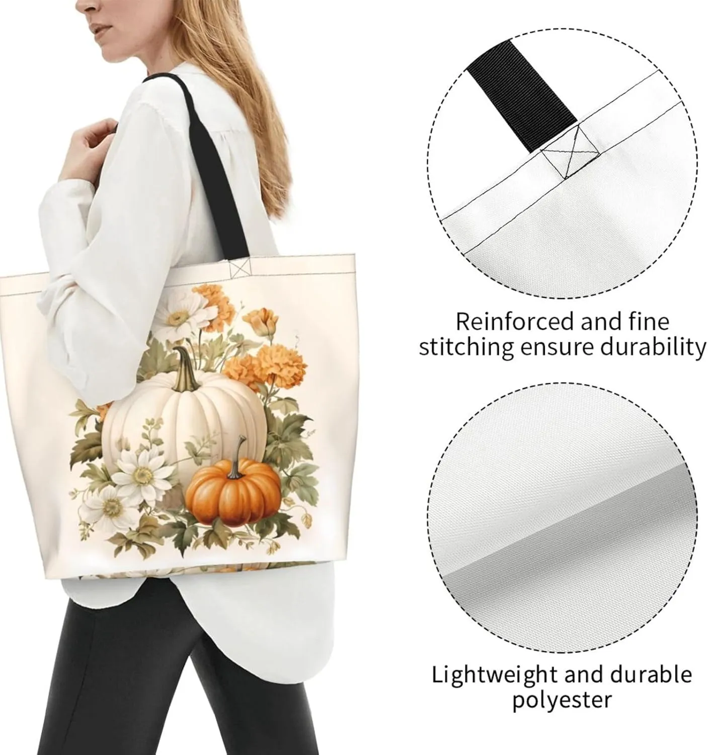 Fall Large Tote Bag Maple Leaf Pumpkin Thanksgiving Day Reusable Shoulder Tote Travel Bags
