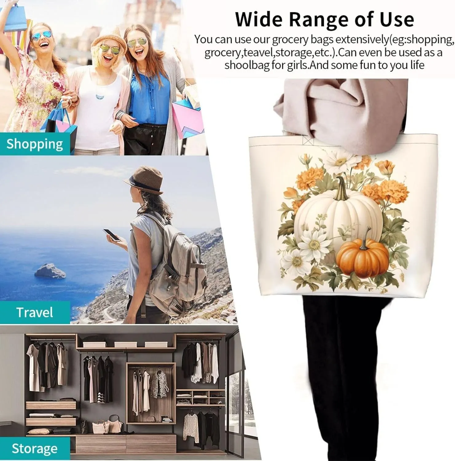 Fall Large Tote Bag Maple Leaf Pumpkin Thanksgiving Day Reusable Shoulder Tote Travel Bags