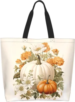 Fall Large Tote Bag Maple Leaf Pumpkin Thanksgiving Day Reusable Shoulder Tote Travel Bags