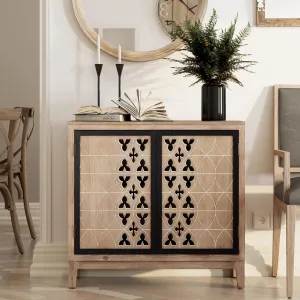 Farmhouse 2-Door Storage Cabinet with Hollow Pattern Carving Front, Accent Sideboard Wood Buffet Cabinet, Distressed Natural