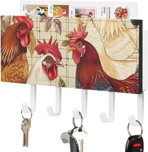 Farmhouse Chickens Sunflowers Novelty Key Holder Printed Keys Hook Mail Organizer Hanging Rack Decor with 5 Hooks for Wall