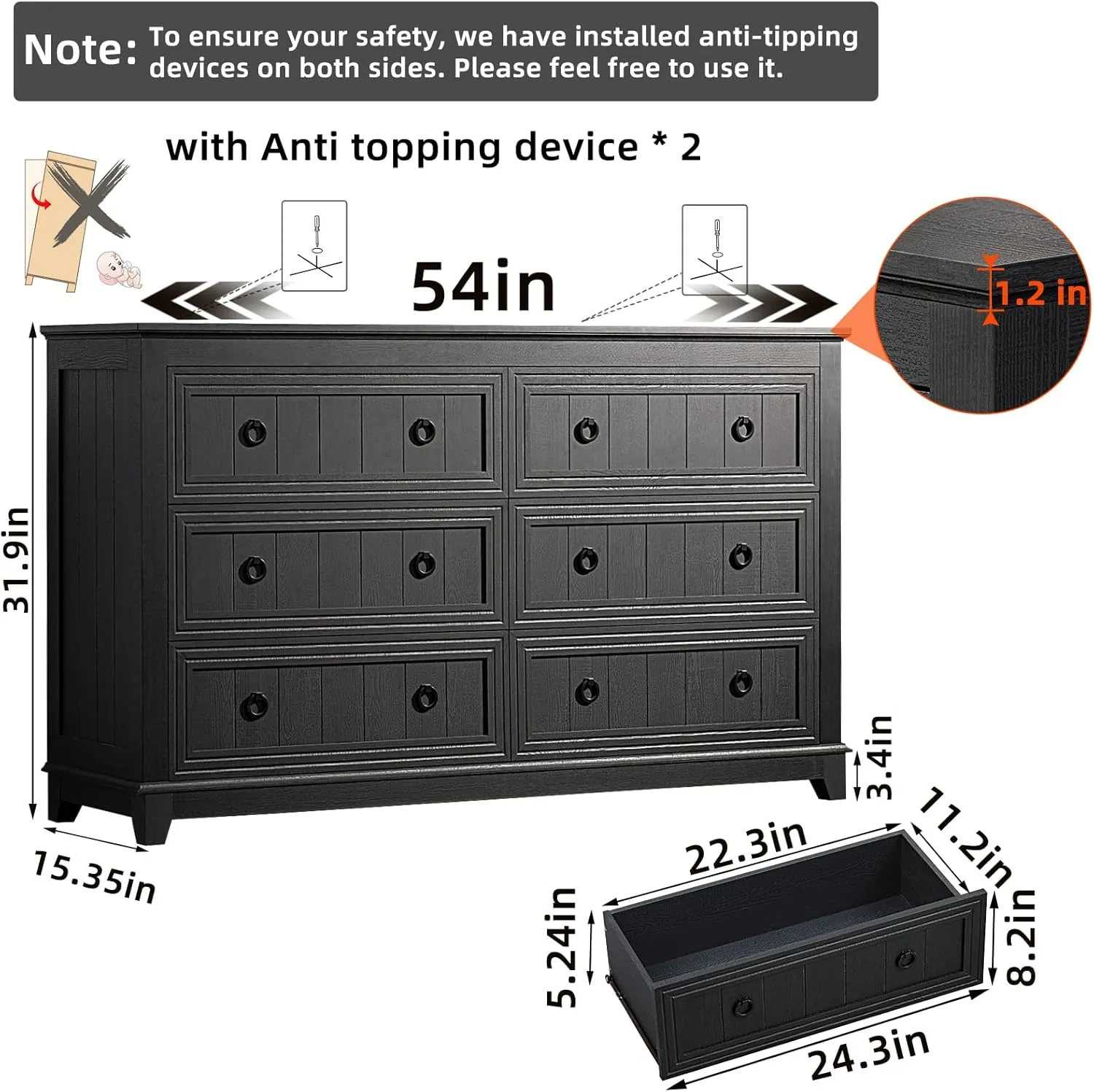 Farmhouse Dresser and Nightstand Sets 3 Piece, Furniture Set 18" Night Stand with Charging Station and 6 Drawers Dressers for Bedroom, 54" Dresser and Nightstand Set for Bedroom, Living Room