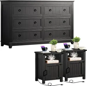 Farmhouse Dresser and Nightstand Sets 3 Piece, Furniture Set 18" Night Stand with Charging Station and 6 Drawers Dressers for Bedroom, 54" Dresser and Nightstand Set for Bedroom, Living Room