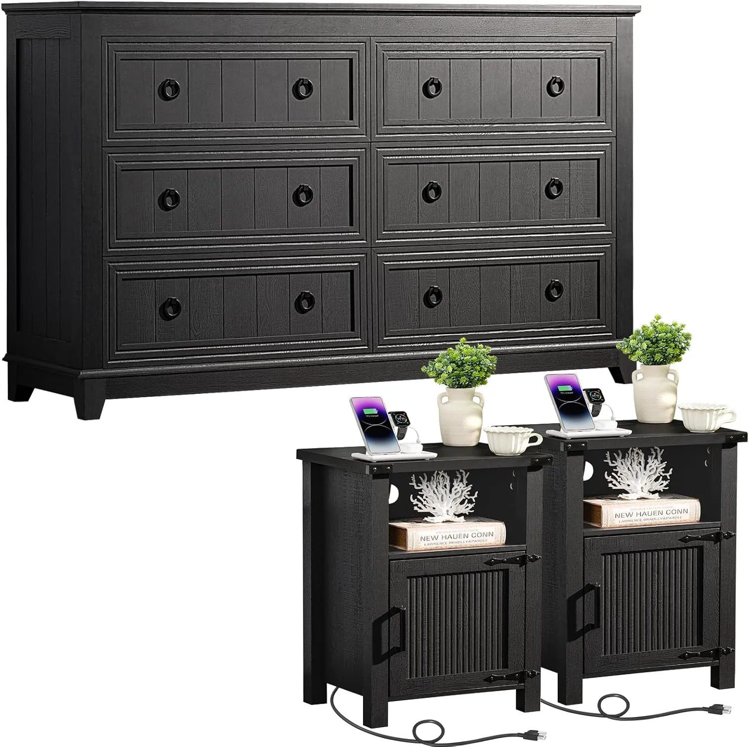 Farmhouse Dresser and Nightstand Sets 3 Piece, Furniture Set 18" Night Stand with Charging Station and 6 Drawers Dressers for Bedroom, 54" Dresser and Nightstand Set for Bedroom, Living Room