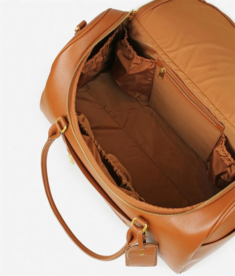 FAWN DESIGN The Weekender Bag, Carry on Bags for Airplanes, Overnight Bag for Women, Premium Matte Faux Leather Duffle Bag with Luggage Tag and Contact Card, 20x10x12 inches, 39 Liters, Brown