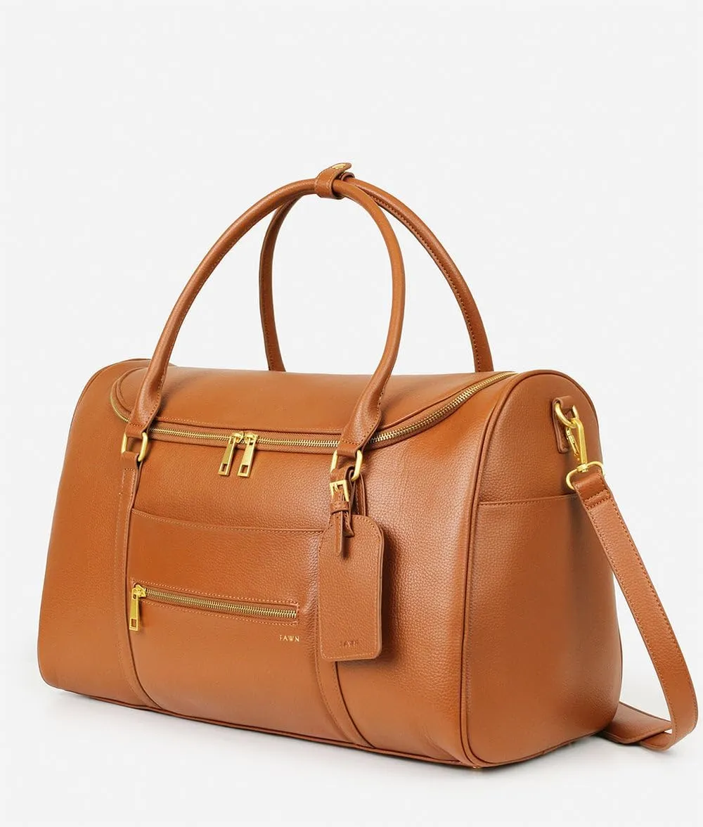 FAWN DESIGN The Weekender Bag, Carry on Bags for Airplanes, Overnight Bag for Women, Premium Matte Faux Leather Duffle Bag with Luggage Tag and Contact Card, 20x10x12 inches, 39 Liters, Brown