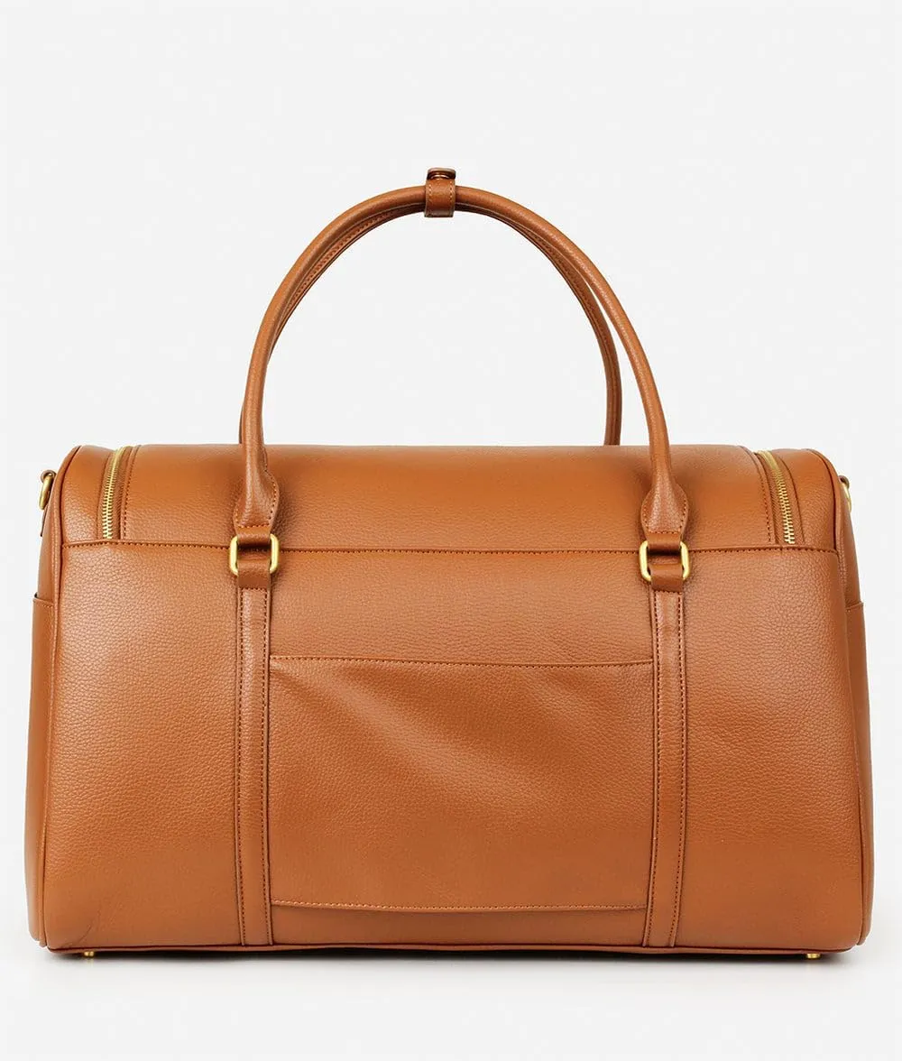 FAWN DESIGN The Weekender Bag, Carry on Bags for Airplanes, Overnight Bag for Women, Premium Matte Faux Leather Duffle Bag with Luggage Tag and Contact Card, 20x10x12 inches, 39 Liters, Brown