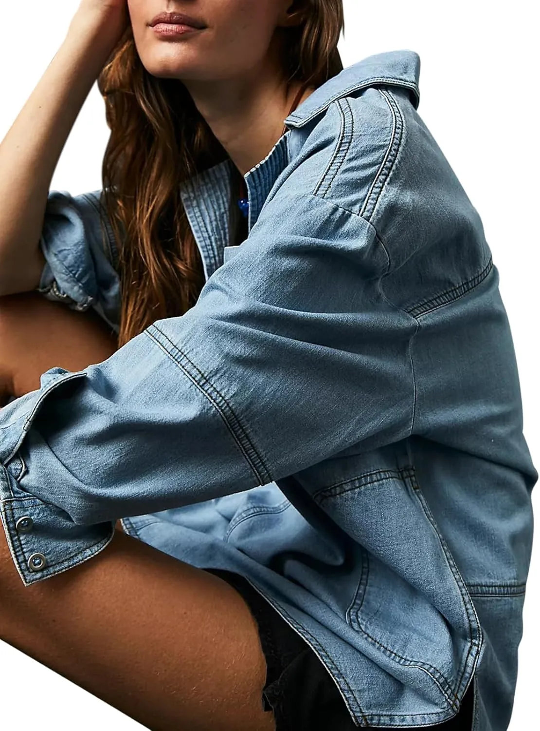 Fazortev Women's Denim Pullover Casual Button V Neck Blouse Loose Fit Long Sleeve Jean Jacket With Pocket