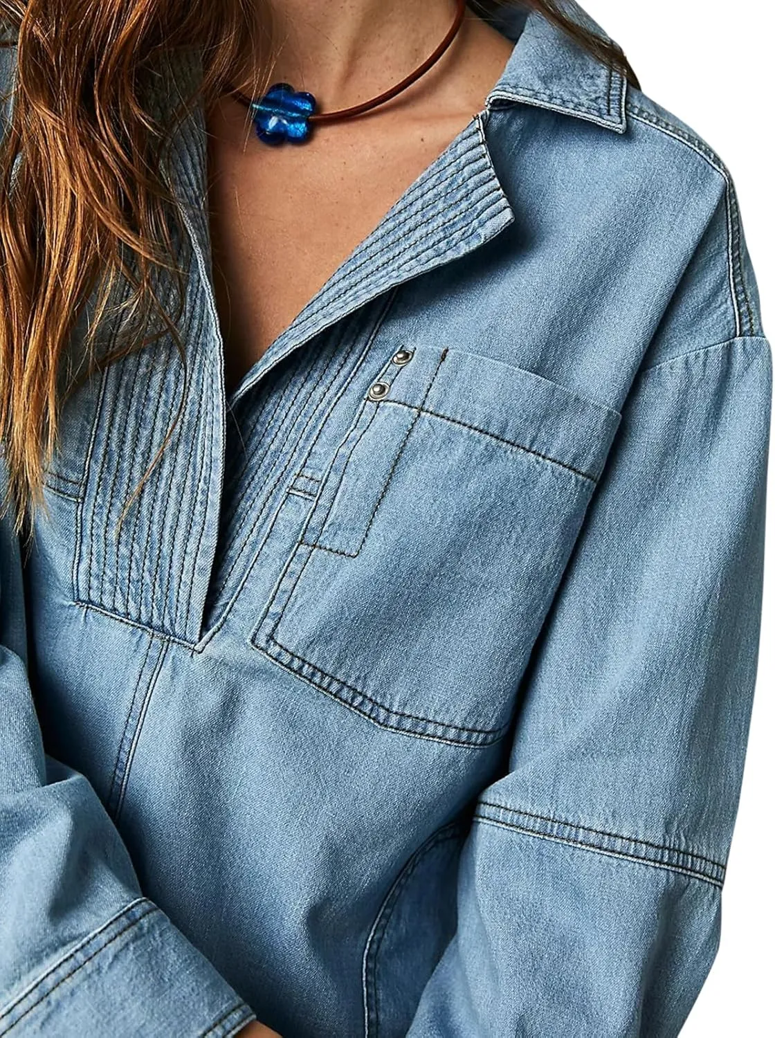 Fazortev Women's Denim Pullover Casual Button V Neck Blouse Loose Fit Long Sleeve Jean Jacket With Pocket