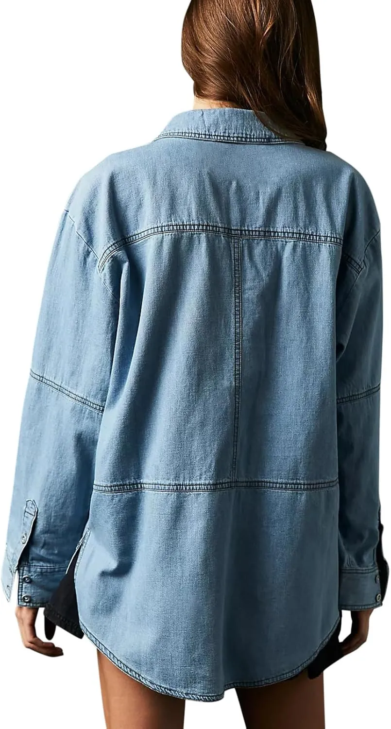 Fazortev Women's Denim Pullover Casual Button V Neck Blouse Loose Fit Long Sleeve Jean Jacket With Pocket