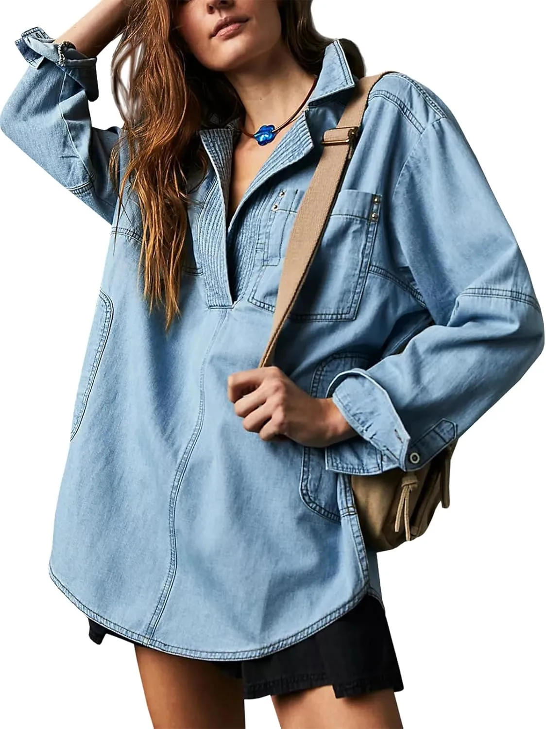Fazortev Women's Denim Pullover Casual Button V Neck Blouse Loose Fit Long Sleeve Jean Jacket With Pocket