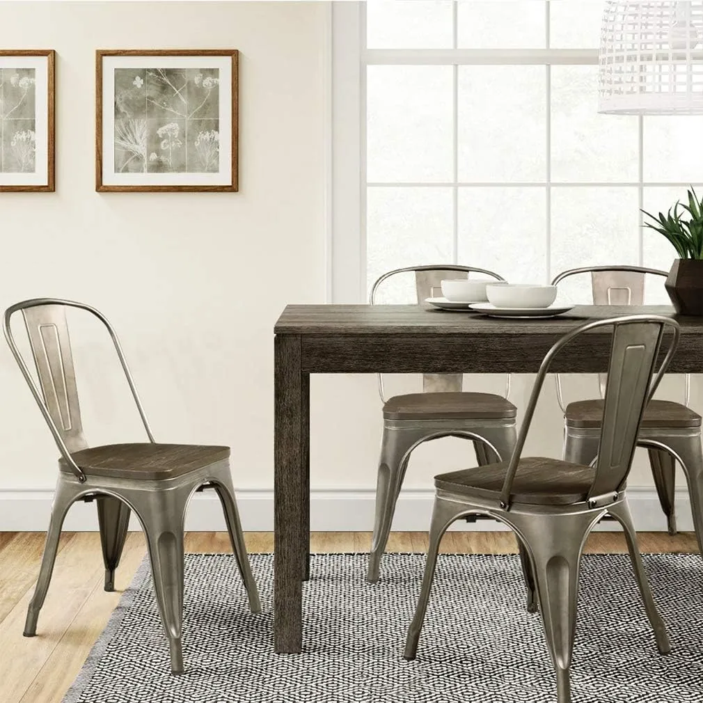 FDW Metal Dining Chairs Set of 4 Patio Chairs 18 Inch Kitchen Chair Stackable Chair with Wooden Seat for Indoor Outdoor Seat Height Restaurant Chair