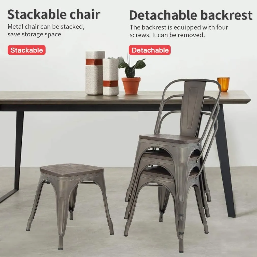 FDW Metal Dining Chairs Set of 4 Patio Chairs 18 Inch Kitchen Chair Stackable Chair with Wooden Seat for Indoor Outdoor Seat Height Restaurant Chair