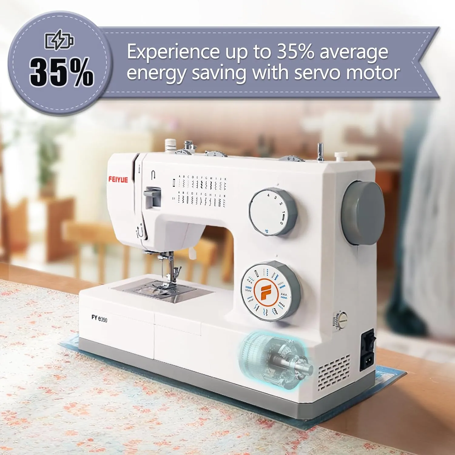 FEIYUE FYe350 Sewing Machine, Energy Saving Servo Motor, Heavy Duty & Portable, 23 Built-in Stitches, Multiple Needle Positions, 6 Bobbins & 5 Included Sewing Feet