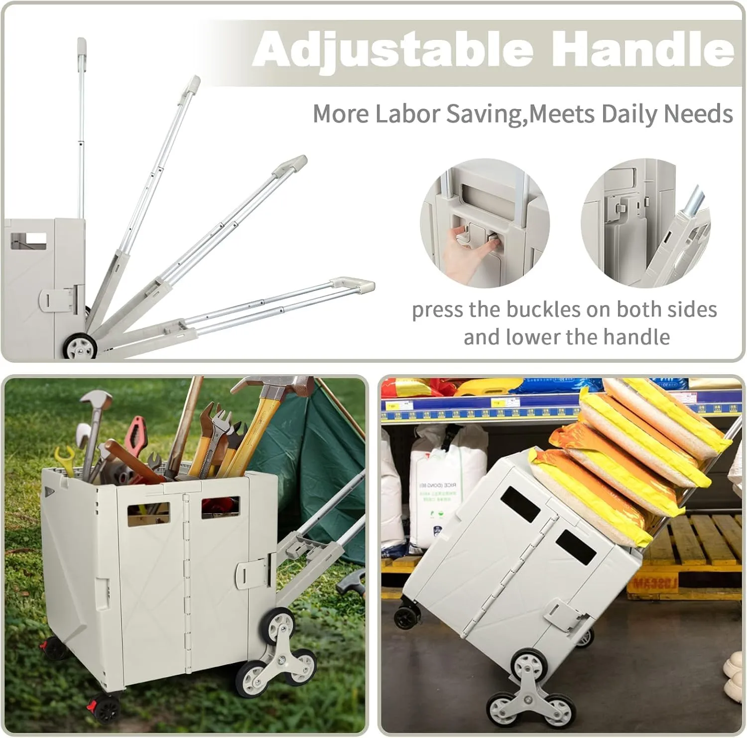 FELICON Folding Climber Utility Cart Rolling Crate Tote on Rotate Wheels with Adjustable Handle Hidden Lid Cup Holder Storage Toolbox for Teacher Office File Move Shop Travel Laundry Grocery(Beige)