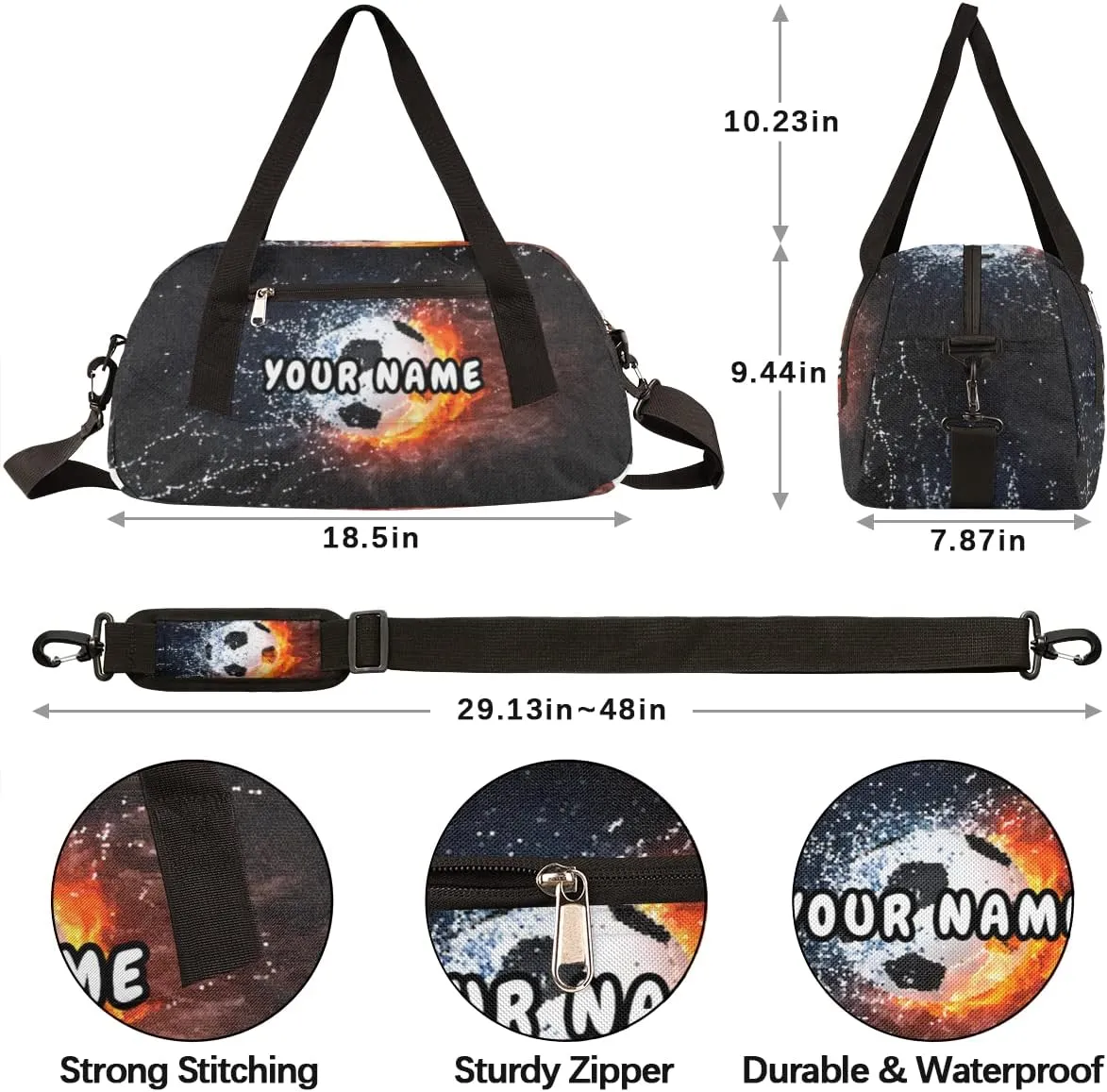 Fiery Soccer Personalized Kids Duffel Bag for Girls Boys, Soccer Debris Custom Dance Bag Overnight Small Duffel Bag Carry On Weekend Sports Travel Bag for School Practice Gymnastics Ballet
